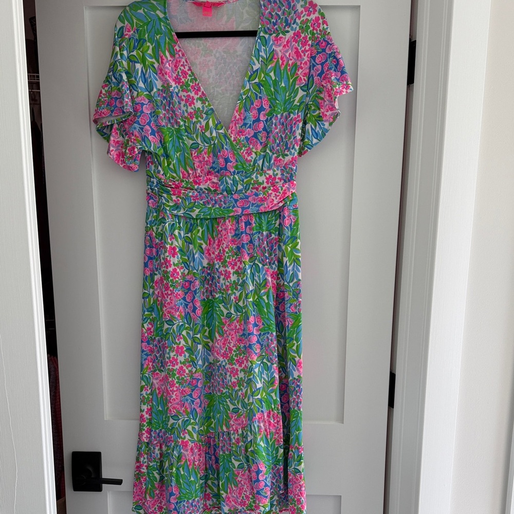 Lilly Floral V-Neck Tiered Maxi Dress - Pink & Green